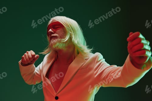Preview: Stylish elderly man in a modern suit dancing with energy in a vibrant green background, showing