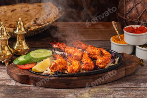 Preview: Platter with skewered chicken on a wooden board
