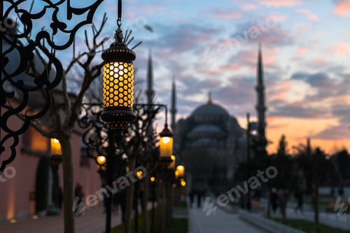 Preview: Blue Mosque Sultan Ahmed silhouette with lanterns at sunset