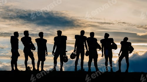 Preview: Silhouette of group of young american football players, standing in row