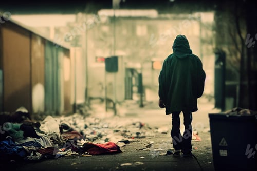 Preview: A homeless man is standing in the middle of a street littered with garbage. Urban poverty and