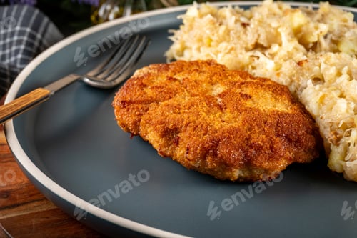 Preview: Minced meat cutlet with boiled sauerkraut.