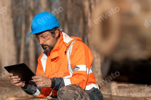 Preview: Forestry technician using digital tablet computer in forest