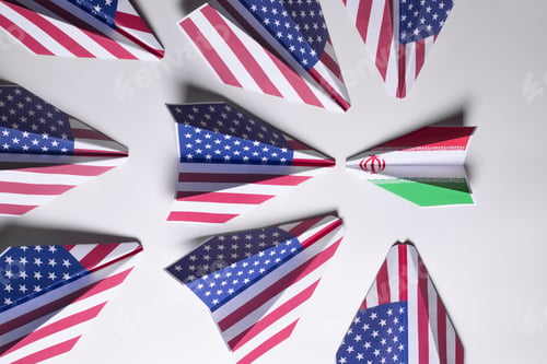 Preview: USA VS Iran. flags on paper plane. conflict concept.