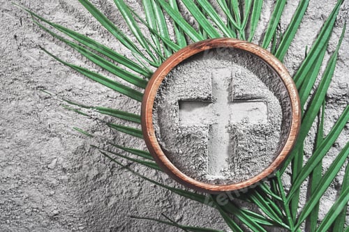 Preview: Bowl with ashes with cross print and palm branches on ash background. Ash Wednesday