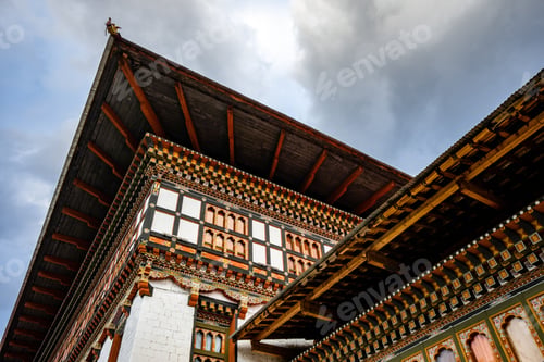 Preview: Low angle of Buddhist temple complex inside of the Fortress of Glorious Religion in Thimphu Bhutan