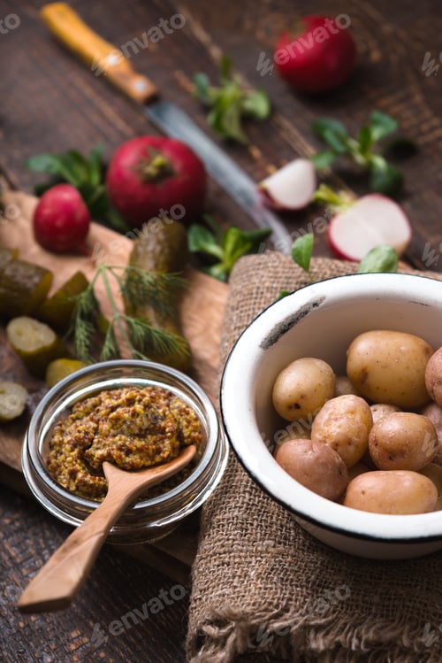 Preview: Ingredients for rustic vegetable salad on the wooden table vertical