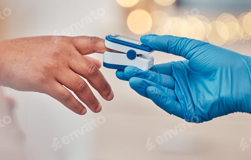 Preview: Digital pulse device on finger, doctor checkup in hospital and close up of blood oxygen level measu