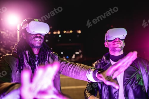 Preview: Two friends appassionating of technology and new futuristic trend exploring the metaverse.