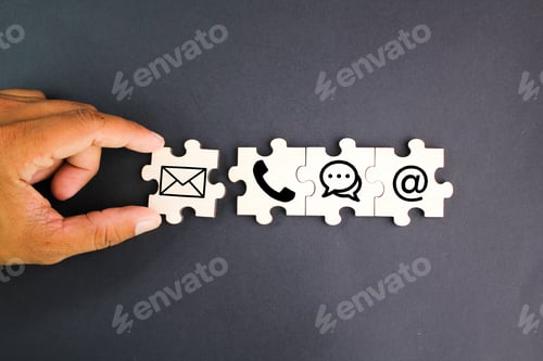 Preview: Contact us. wooden puzzle with email, address, contact and chat icons.