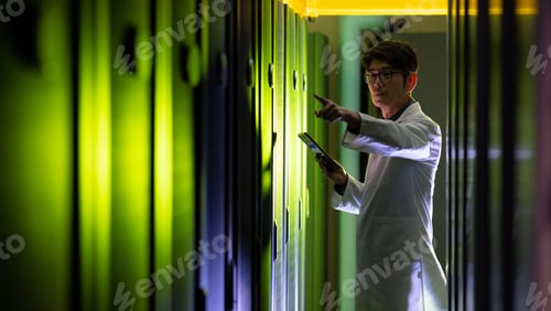 Preview: Asian male engineer wearing an apron using digital tablet while inspecting in computer server room
