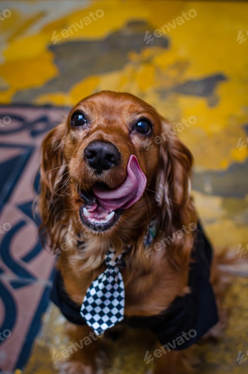 Preview: a dog that is wearing a tie on top of a rug