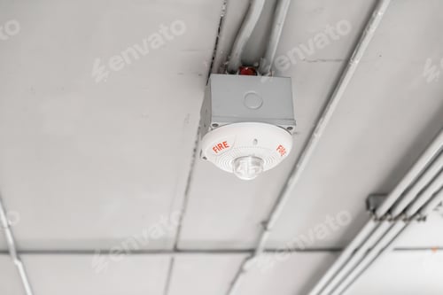 Preview: fire detector at ceiling, smoke and flame alarm sensor in commercial building safety equipment