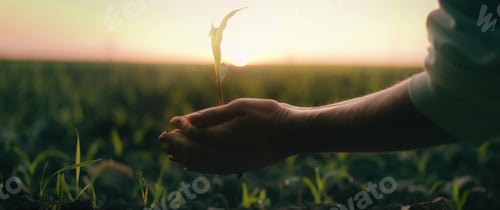 Preview: Female hands plant a sprout in the black soil at sunset. Agriculture background.