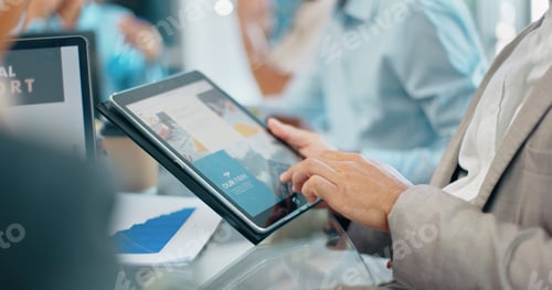 Preview: Businessman, hands and tablet in digital marketing for corporate planning, strategy or web design a