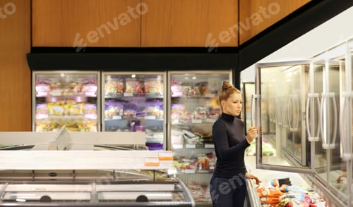 Preview: Woman Choosing Frozen Food From A Supermarket Freezer