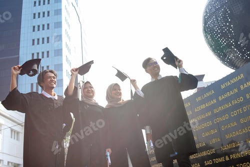 Preview: Group of happy international students in bachelor gowns holding mortarboards
