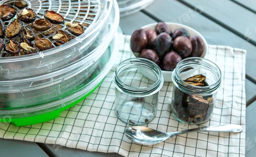 Preview: Plums dried in a dehydrator. Selective focus.