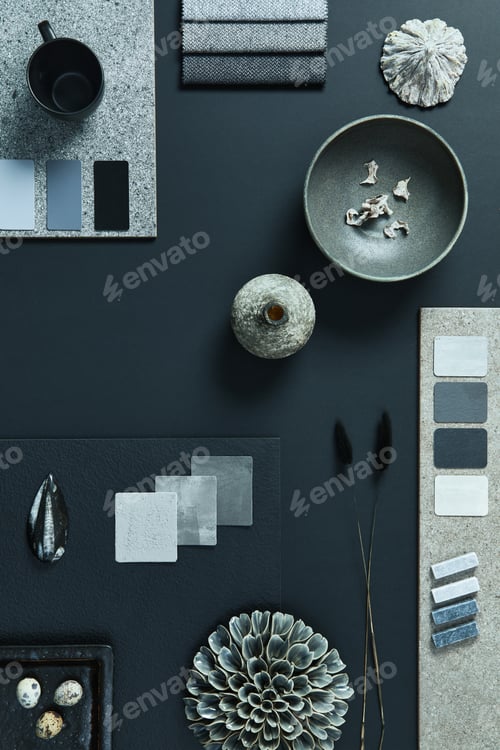 Preview: Flat lay composition of creative black architect moodboard