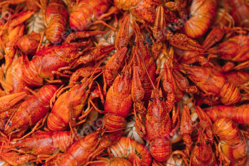 Preview: boiled crayfish on an iron plate. boiled red crayfish background for menu. top view