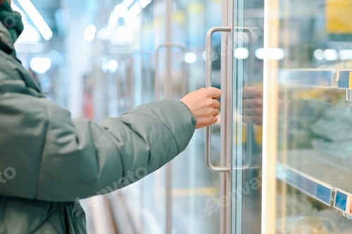 Preview: Close-up of a woman shopper holding the refrigerator door handle in a supermarket
