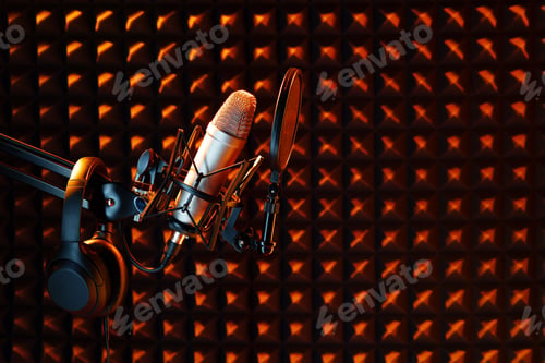 Preview: Professional studio microphone against acoustic foam panel background in neon light
