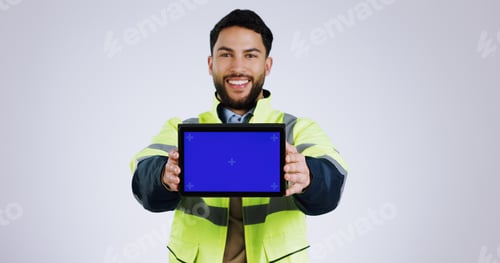 Preview: Engineering man, tablet green screen and presentation for renovation, architecture and design softw
