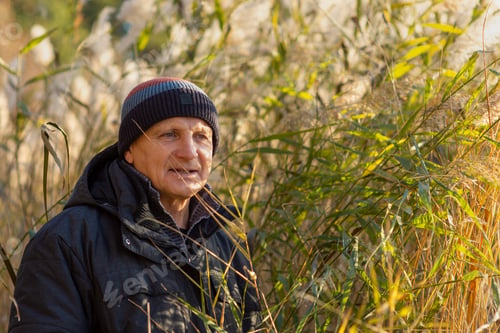 Preview: An elderly man stands on the shore of a lake in the reeds and looks at the water