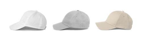 Preview: Set with different baseball caps on white background. Mock up for design