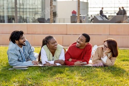 Preview: Laughing cheerful international millennial students rest after lessons, lie on grass in campus
