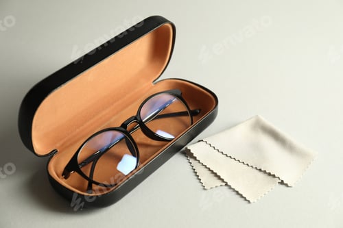 Preview: Case with stylish glasses and cleaning cloth on light background