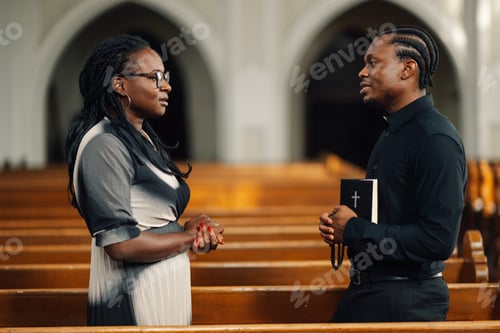 Preview: Priest listening to woman talking about her faith in church