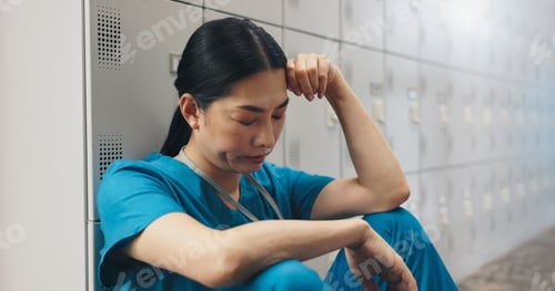 Preview: Tired, woman and surgeon with headache in hospital of healthcare stress, medical mistake and burnou