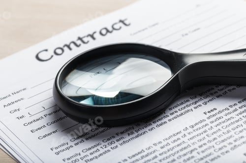 Preview: Contract document viewed through a magnifying glass on a desk surface