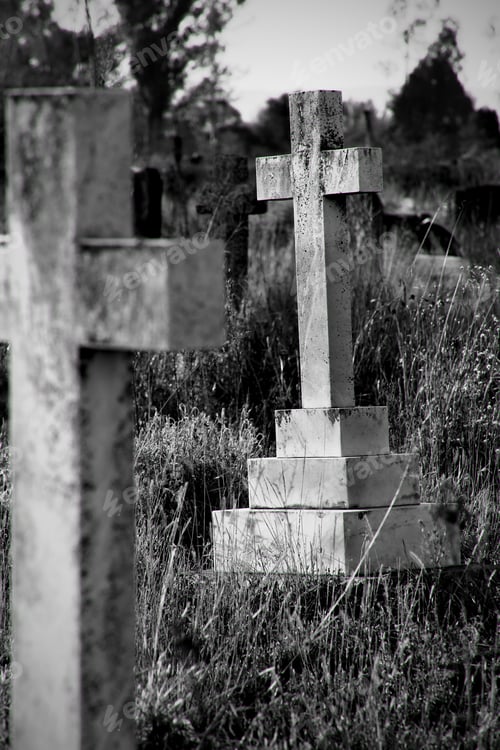 Preview: Vertical grayscale of a cross-shaped grave in the cemetery