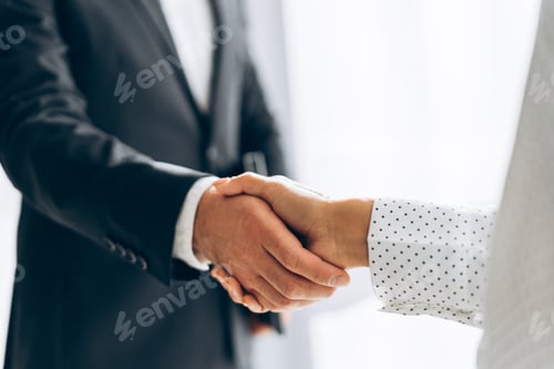 Preview: Closeup businesspeople shaking hands, selective focus on hands, successful business deal