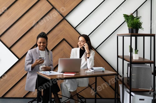 Preview: female colleagues work in the office at a laptop talking on the phone