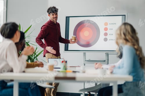 Preview: Marketing specialist leading presentation on global market trends to colleagues