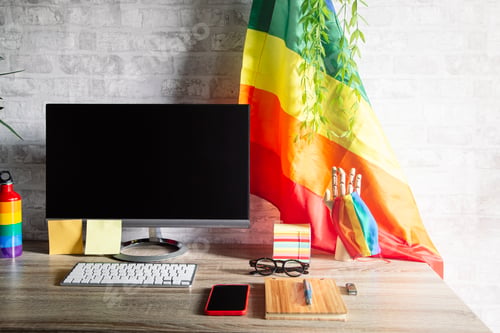 Preview: Office with LGBT accessories and decoration. LGBTQ culture