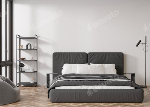 Preview: Interior mock up, loft style. Empty wall in modern bedroom. Copy space for your artwork, picture