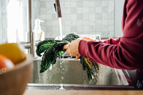 Preview: Woman washing kale underwater in the kitchen sink. Healthy eating cooking step
