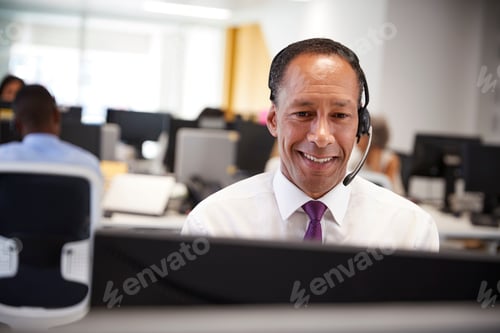 Preview: Middle aged man working at computer with headset in office