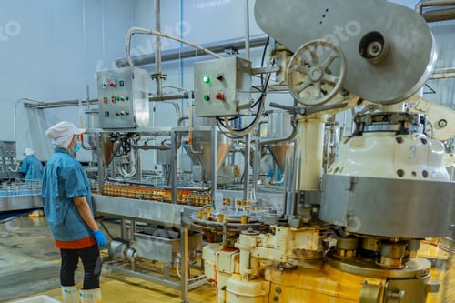 Preview: Factory worker in hygienic gear inspecting cans on a production line
