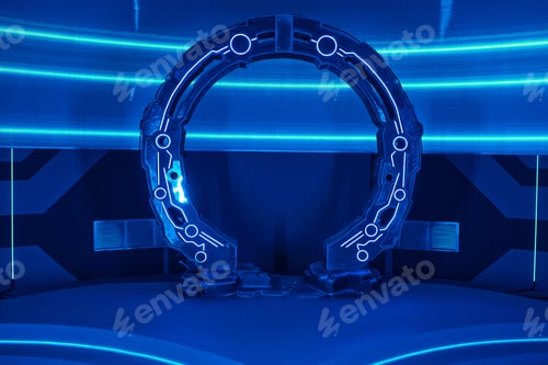 Preview: futuristic architecture and science, arch-shaped experimental device in neon-lit laboratory