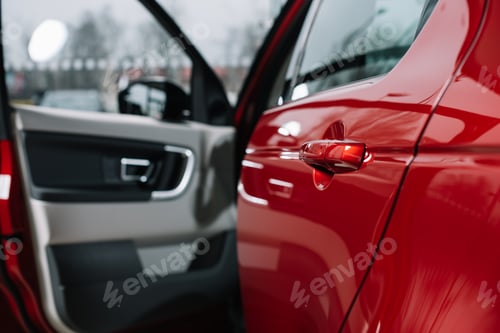 Preview: selective focus of shiny car door of red automobile