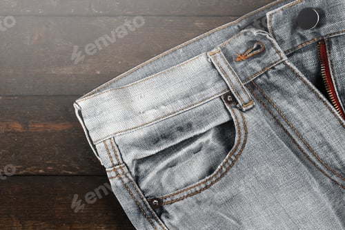 Preview: Close Up of Denim Jeans on Wood Background