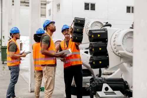 Preview: Engineers inspecting robotic arm in modern factory