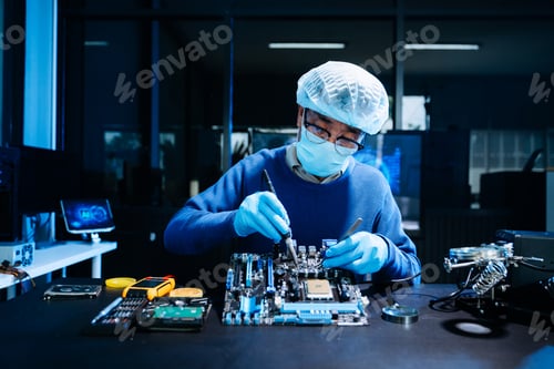 Preview: Professional electronics technician repairing computer motherboard in modern lab.
