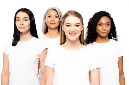 Preview: four happy multicultural women in white t-shirts looking at camera isolated on white