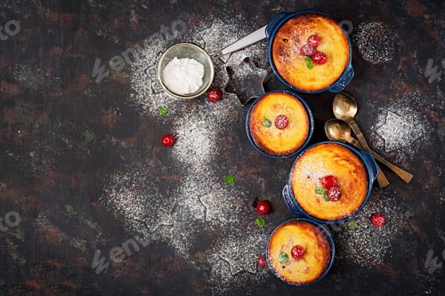 Preview: Cottage cheese casserole with cherries. Flat lay. Top view.